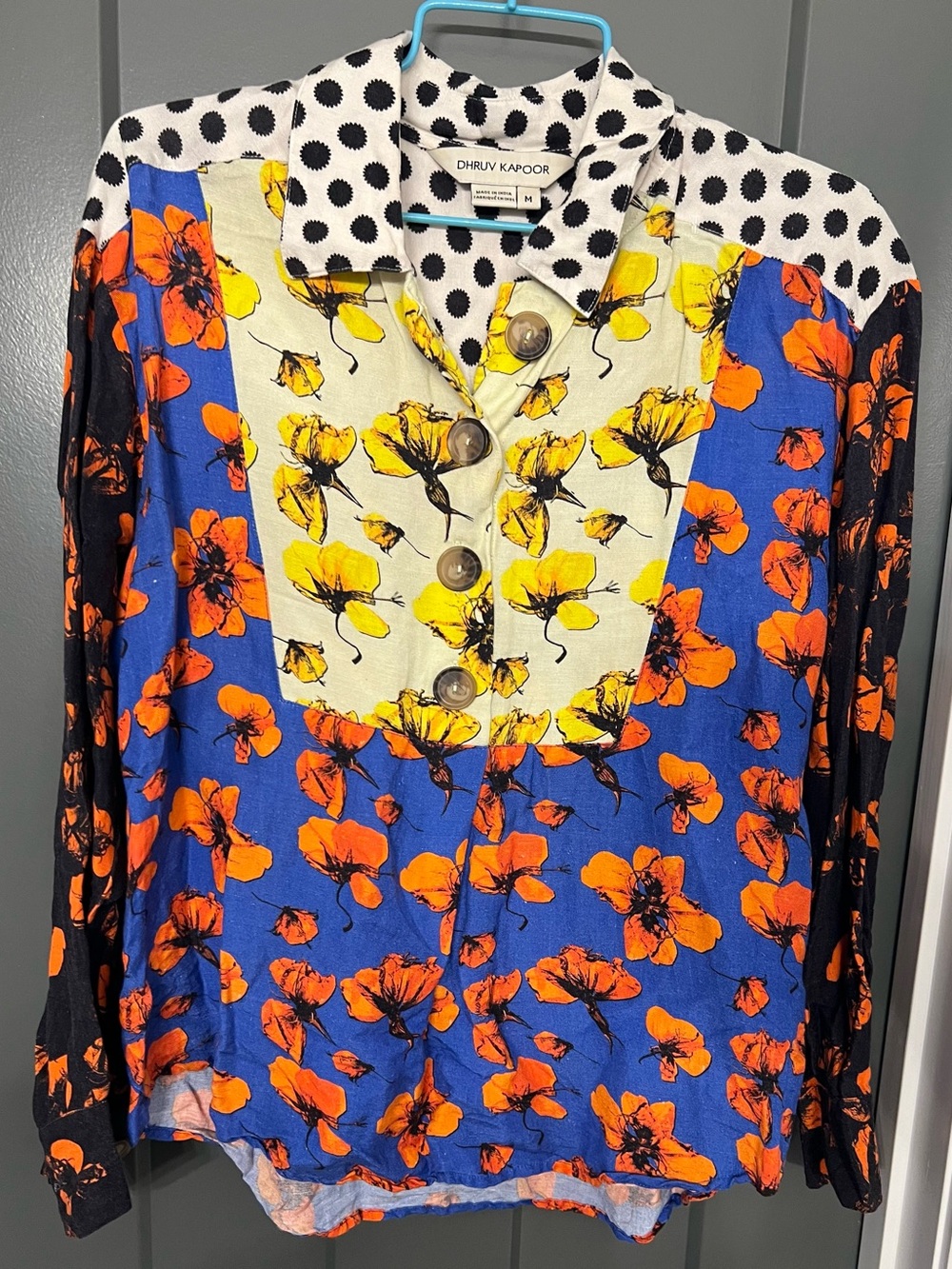 Dhrupv Kapoor Floral Button-Front Blouse in Blue, Orange & Yellow popover l